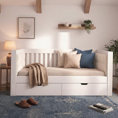Sofá cama de 90 x 200 cm de madera blanca con cajones de terciopelo 5