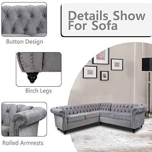 Image of QHITTY L-Shaped Sofa, Sectional Chesterfield Couch 5-Seater Velvet Upholstered Small Accent Tufted Sofa with Rolled Armrest and Nailhead Design for Living Room, Apartment, Office (Grey)