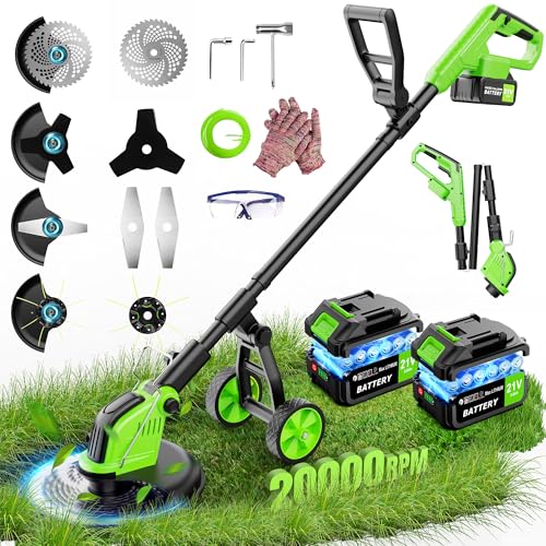 12-Inch Cordless Weed Wacker with Wheels 6000mAh Battery Powered Stringless Weed Eater 20000 RPM Powerful Brush Cutter Brushless Motor 90 Adjustable Head Handle Lightweight Grass Trimmer Edger