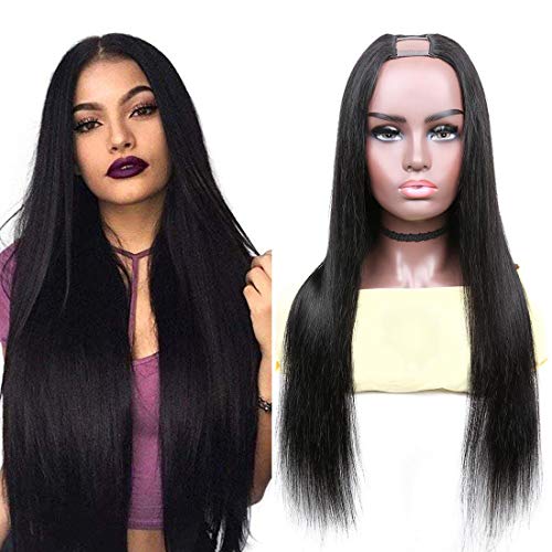 U Part Wig Human Hair Wigs for Black Women Brazilian Straight Human Hair No Lace Glueless Natural Color Upart Wigs Hair Extension with Clips Straps Combs 16 Inch
