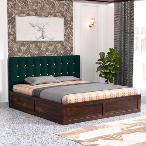 Image of Sheesham Wood Queen Size Bed With Storage Box | Upholstered Beds | Platform Cot With Cushioned Headboard | Double Bed For Home | Recommended Mattress 78x60 Inch | Bottle Green & Walnut Finish
