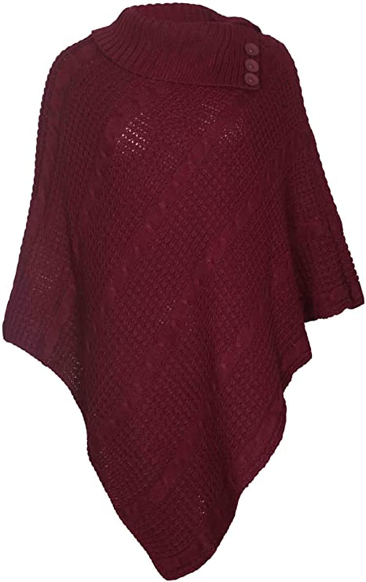 Womens Check Printed Ladies Stretch Knitted Collared Cape Wrap Shawl Jumper Poncho Top (Plain Wine)