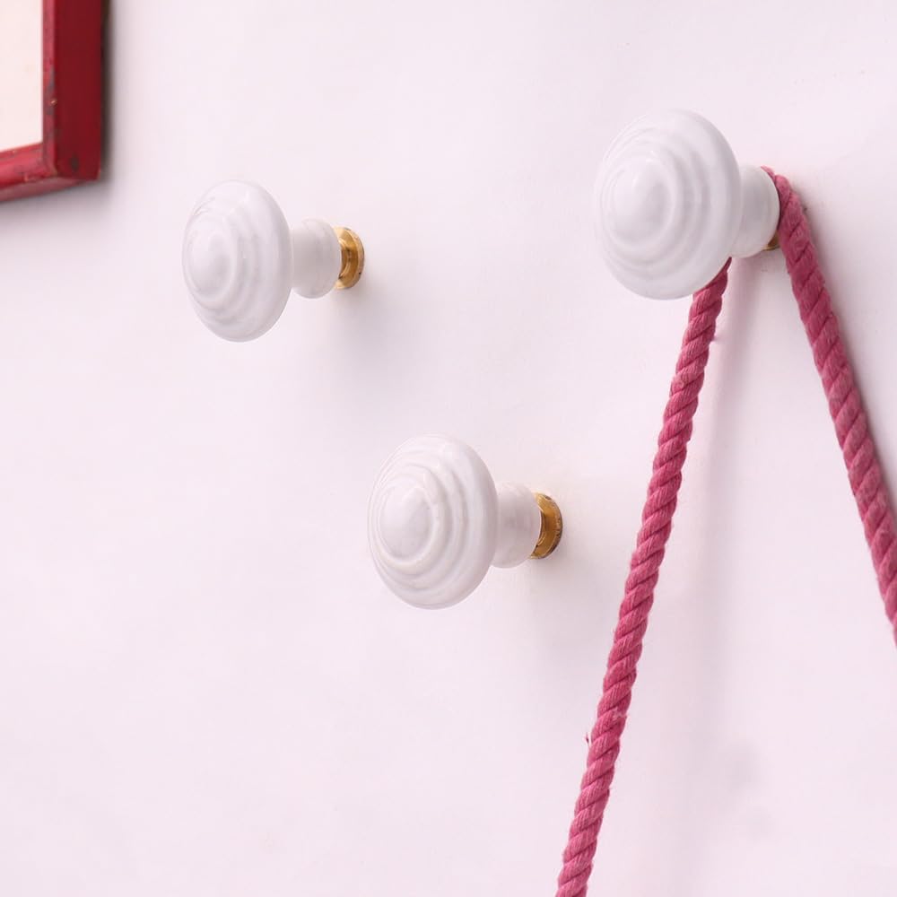 Indian Shelf Pack of 3 Artistic Ceramic Heavy Duty Decorative Vintage Wall Hooks for Hanging Coats, Jackets, Leash, Hat, Towel, Backpack, Purse, Handbag Wall Holders-White