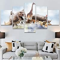 SIGNWIN 5 Panel Canvas Wall Art Modern Art Animals Dramatic Giraffe Lion Multicolor Photography Southwest for Home Decorations Ready to Hang - 60