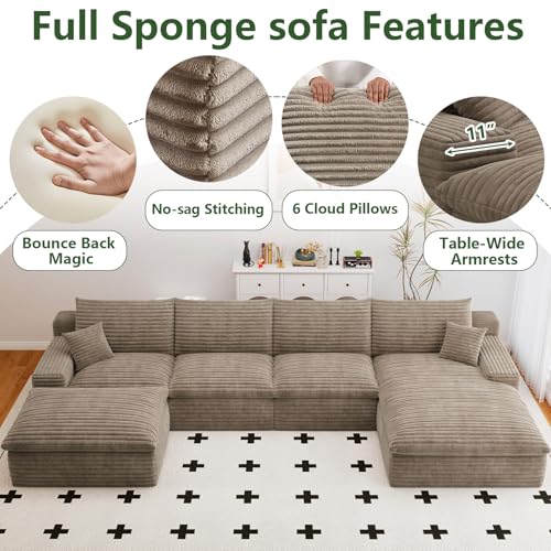 Image of 136 inch Cloud Couch Modular Sectional Sofa for Living Room, U-Shape Boneless Couch with Deep Seat, Modern Corduroy 4-Seater with Ottoman, No Assembly Required (Camel,Right-Facing Chaise)