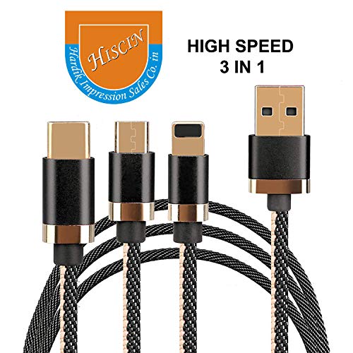 Image of MKU3I1 3 Amp 3 in 1 Nylon Braided Multi Charging Cable Multiple USB Phone Charger Cord Type C /Micro USB & iOS Connector (Black with Golden)