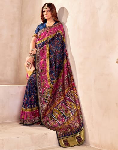 Image of SIRIL Women's Silk Kashmiri Minakari Jacquard Saree With Unstitched Blouse Piece