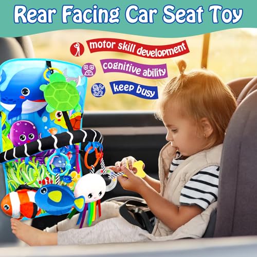 Innofans Baby Car Seat Ocean Animals Toys - Kick and Play Double Sided Infant Car Seat Toys with Plush Toys, Mirror, Teether for Baby Travel Activities, Christmas Birthday Gifts Newborn Infant Toy - Thumbnail 3