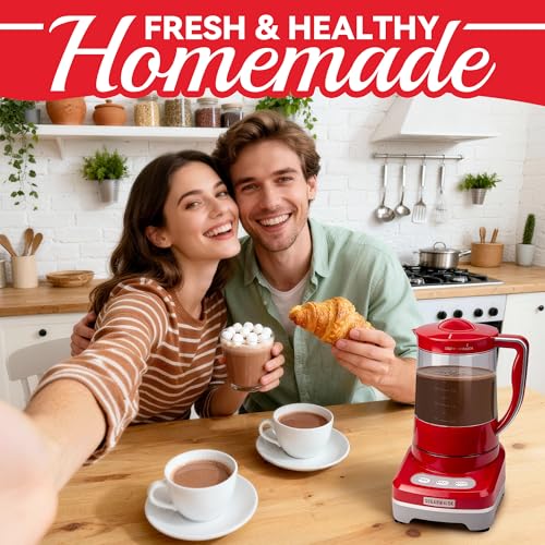 Image of SugarWhisk 29 Oz Hot Chocolate Maker Machine, Electric Milk Frother and Steamer, Hot Cocoa Maker Machine for Hot Chocolate Bar, Detachable Pitcher, 2 Speed Mode, 3.5 Cups, Red