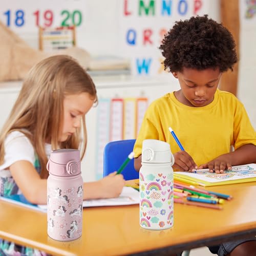 Image of GOPPUS Kids 12oz Insulated Stainless Steel Water Bottle, Leakproof Vacuum Tumbler with Carry Handle, Fits Cup Holders, Reusable Water Bottle for School Outdoor, Boys & Girls(Pink Unicorn)