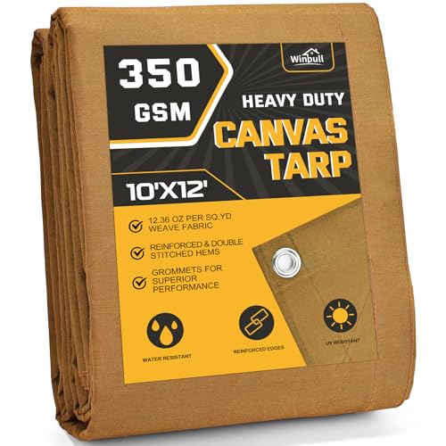 Winpull Heavy Duty Canvas Tarp 10x12 ft 12oz (350 GSM) Polyester Canvas Water-Resistant Tarp with Rustproof Grommets Tear-Resistant Outdoor Cover for Wood Piles Camping Trailer & Equipment