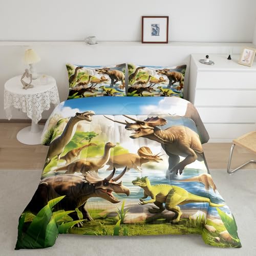 Image of Feelyou Dinosaur Dino Jungle Comforter Set Full Size Boys Girls Bedding | Children Wild Animal 3d Print All Season Breathable Soft Duvet Set Quilt Set Room Decor Microfiber 3Pcs Warm Cozy Lightweight