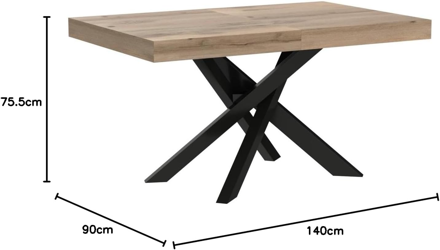 MOBILI FIVER, Mesa Extensible Emma 140(220) x90 cm, Color Madera rústica con Patas Cruzadas Negras, para 6-10 Personas, Mesa Extensible de Comedor, Mesa Cocina, Salon, Made In Italy Madera Rustica Con Patas Negro 140 x 90 x 75,5 cm