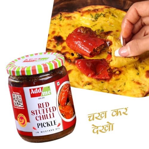 Image of Add Me Red Stuffed Chilli Pickle 500gm Home made lal mirch mirchi ka Bharwa indian achar Pickles in Mustard Oil Glass Pack