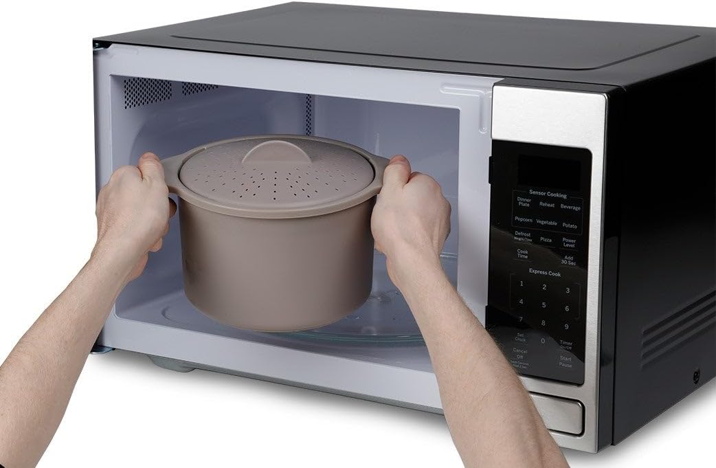 Microwave Rice & Grain Cooker – Easy Cook Container with Locking Lid, Heat-Resistant Handles – Includes Measuring Cup & Mixing Paddle – Cooks Rice, Grains, Veggies & More