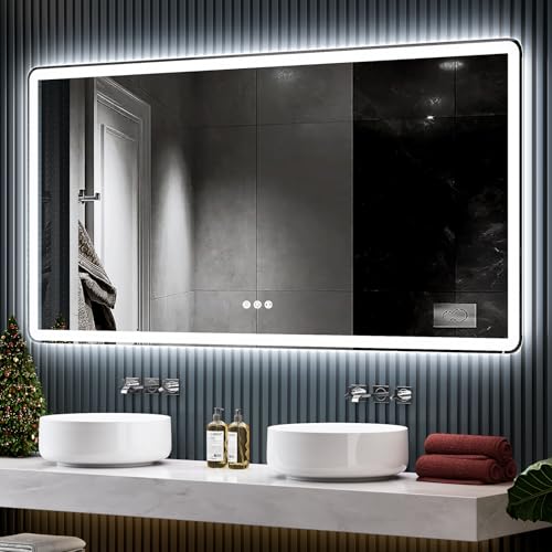 TIFULLHOME 60x36 LED Mirror for Bathroom, Front and Backlit, Rounded