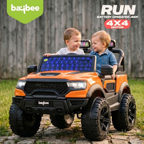 Image of Baybee TurboX Electric Car for Kids with 4x4 Motor & Parental Control | Baby Electric Rideon Car with RGB Lights, Music & Swing Mode | Rechargeable Battery Operated Jeep for Kids 2 to 6 Years (Orange)
