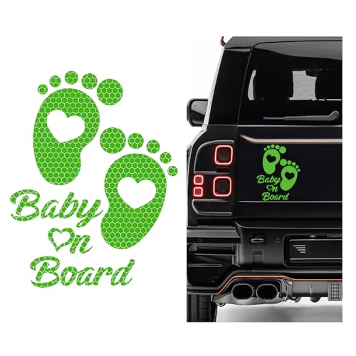 Image of Baby on Board Car Sticker, High Intensity Reflective Baby on Board Footprint Safety Warning Decal, Waterproof Kids on Board Baby in Car Feet Decal Sticker for Bumper (Fluorescence Green)
