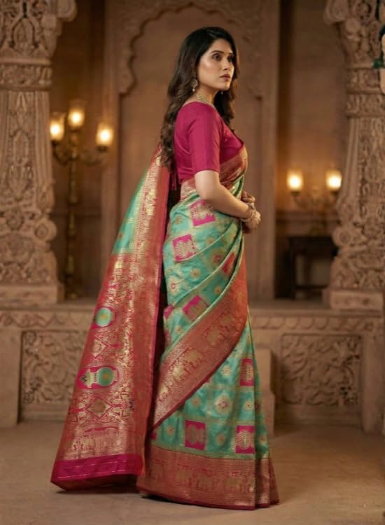Image of C J Enterprise Women's Kanjivaram Silk Saree Woven Patola Banarasi Soft Sarees Zari With Blouse Piece (Hathi Patola)