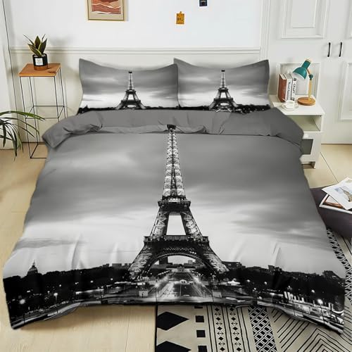 Housse de Couette 90x190 cm Tour Eiffel Grise Paris France Parure de lit Adult Enfant avec 1/2 Taie d'oreiller 65x65 Reversible Parure Housse Couette 2...