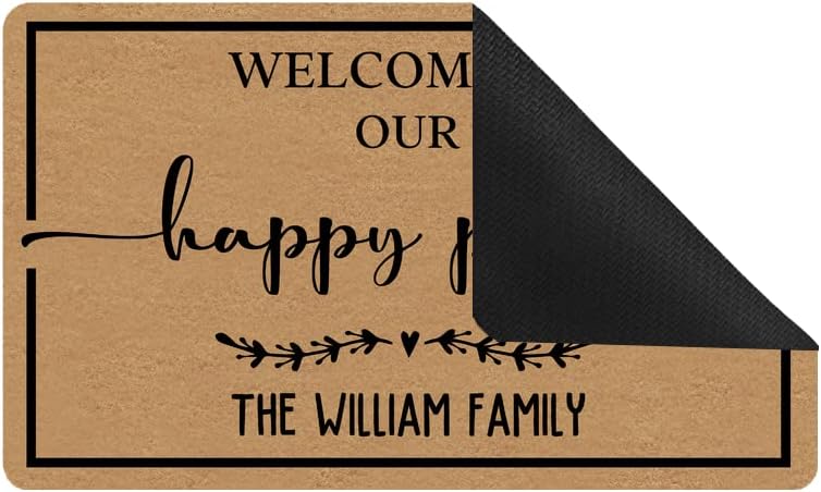 Door Mat 30"x18", Welcome to Our Happy Place - Custom Personalized Low Profile Floor Mat Front Doormat Indoor Outdoor Welcome Door Mat Non Slip Rugs for Entryway, Patio, High Traffic Areas