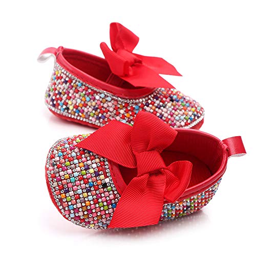 Baby Girls Mary Jane Flats Sparkly Bow Diamonds Princess Dress Shoes Anti-Slip Infant Crib Shoes (6-12 Months Toddler, Colorful Red) #TOP2
