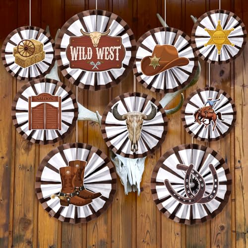 Image of Affrolling 18 Pack Western Party Decorations Including 9 Pcs West Wooden Hanging Paper Fans and 9 Pcs Wagon Wheels Saddle Shorse Horseshoe Cowboy Hat Sticker for Wild Party Birthday Classroom Decor