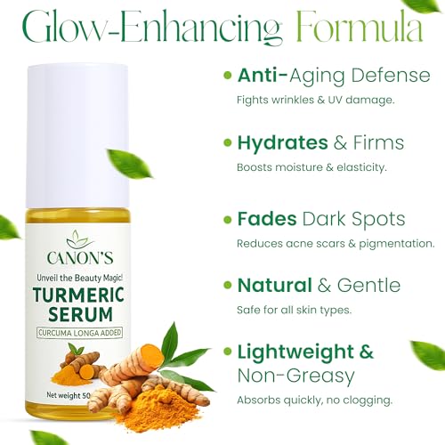 Canon’s Beauty Collection Turmeric Brightening Serum for Face with Hyaluronic Acid, Aloe Vera, Vitamin C & E – Brightening, Hydrating & Dark Spot Facial Serum – Leaves Skin Soft, Smooth / 1.69 fl oz