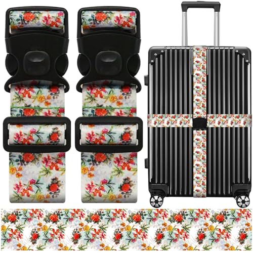 Image of Luggage Straps for Suitcases, Travel Adjustable Belt with Quick Release Buckle, Heavy Duty Nylon Bag Packing Strap, Unique Bright Identifiers Business Travel Accessories (2 Pack) - Red Yellow Flowers