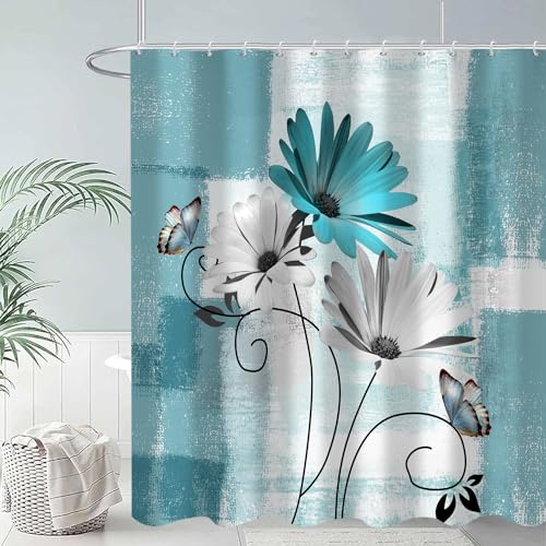 GKLEASG Rustic Farmhouse Shower Curtain Teal Daisy Floral Flowers Butterfly Spring Oil Painting Bathroom Curtains Waterproof Fabric Turquoise Blue Bathtub Curtains with Hooks 72x72