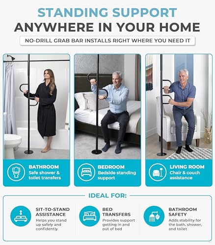 Image of Stander Double Handle Non-Rotating Floor to Ceiling Grab Bar, No-Drill Tension Mounted Transfer Pole for Seniors, Bath Safety & Bedside Assist Rail for Home Standing Support & Fall Prevention, Black