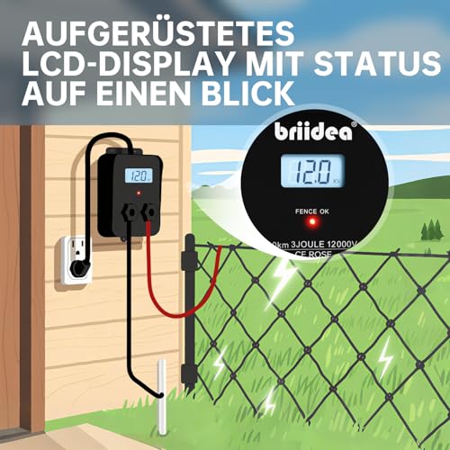 230V Weidezaungerät mit LCD-Anzeige, Briidea 12.000 V 3 Joule Elektrischer Zaunladegerät, 10 km Reichweite, Sicherer und Effektiver Tierschutz für Nutztiere, Garten und Weide