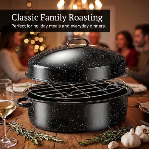 19.3" Enamel Roasting Pan with Lid & Rack Oval Turkey Roaster Pan | Speckled Black Enamel Roaster, Large Capacity for Thanksgiving Turkey, Ham & Family Holiday Cooking - image 4