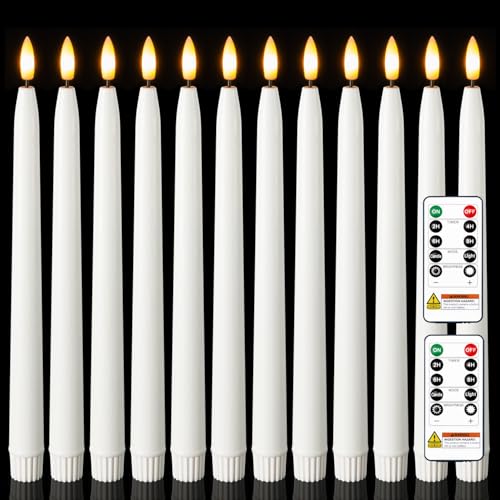Image of Homemory 11 inches Waxy Flameless Taper Candles with Remote Timer Dimmer, 12 Pcs Battery Operated Taper Candles with Flickering Flame, White LED Candlesticks for Wedding, Christmas Indoor Decoration