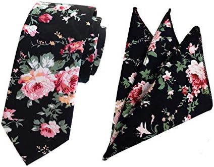 Men's Skinny Cotton Linen Ties Matching Handkerchief Set Floral Printed Neckties (One Size, Black Peony)