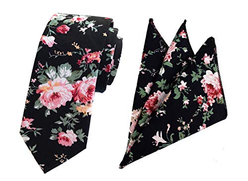 Men's Skinny Cotton Linen Ties Matching Handkerchief Set Floral Printed Neckties (One Size, Black Peony) #TOP21