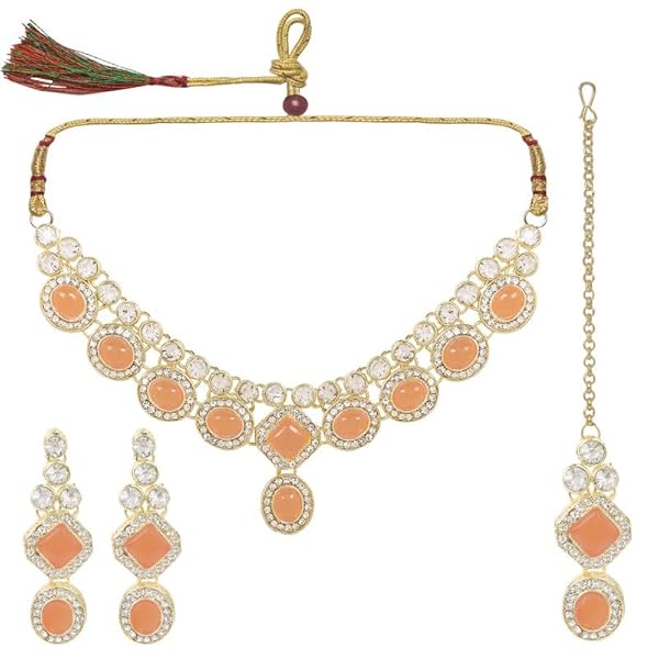 TANAIRA Baby Peach Color Stones Choker Necklace Earrings Maangtika Set For Women & Girls/Gold Color crystal Bridal Jewellery Set for Wedding |Women Anniversary Gift for Wife