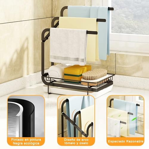 Image of Kitchen Sink Organizer with Towel Holder | Rustproof Stainless Steel Countertop Storage for Sponge, Soap & Dishcloth | Removable Drip Tray
