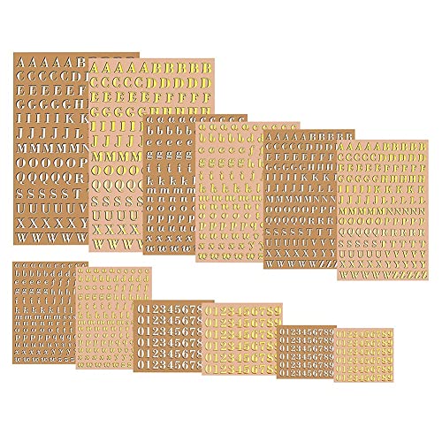 Lizusidtsy 12 Sheets Letter Resin Stickers, Small Alphabet Number Stickers, Alloy, Self Adhesive, Gold and Silver, 3mm/4.5mm Tall