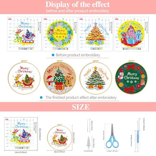 Image of Zhenqing 4 Pack Christmas Stamped Cross Stitch Kit, 11CT Printed Santa Reindeer Snowman Gingerbread Tree Wreath Patterns with Hoop and Tools, DIY Holiday Embroidery Set for Beginners