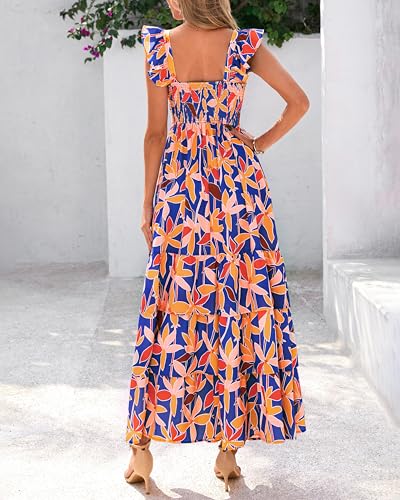 dowerme Summer Dresses for Women 2026 Casual Ruffle Smocked Tiered A-Line Boho Floral Maxi Beach Sun Dress with Pockets(Blue Orange Flower,Small) — view 5