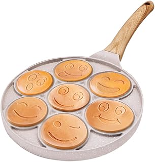 Smiley Face Pancake Pan - Nonstick 10 Inch Mini Pancake Maker with 7-Cup Mold, Silver Dollar Pancake Pan - White