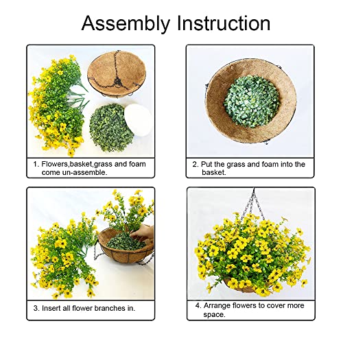 Lesrant Artificial Flowers In Basket,Artificial Hanging Baskets With Flowers For Outdoors Indoors Courtyard Decor,12 Inch Coconut Lining Basket For Patio Garden Porch Deck Decoration (4-Yellow) #TOP2