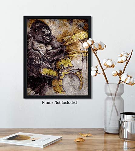 Gorilla Playing The Drums On A Multi-Colored Background - 8X10 Unframed Wall Decor Art Print - Great Decoration For Any Area Of The Home Or A Unique Gift For Those Who Appreciate Grungy Art #TOP3