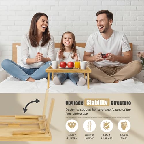 Image of Large Bed Table Tray with Support Bar and Foldable Legs, Bamboo Breakfast Food Trays Table for Bed Sofa Eating and Laptops, TV Lap Tray Table on Couch (Applied for Invention Patent)