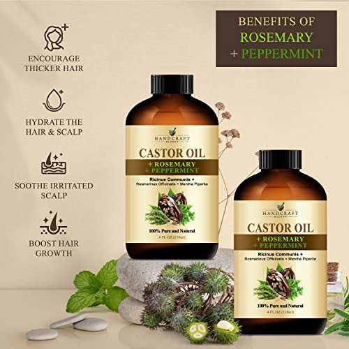 Handcraft Castor Oil With Rosemary Oil And Peppermint Oil For Hair Growth, Eyelashes And Eyebrows - 100% Pure And Natural Carrier Oil, Hair Oil - Moisturizing Massage Oil For Aromatherapy - 4 Fl. Oz #TOP6