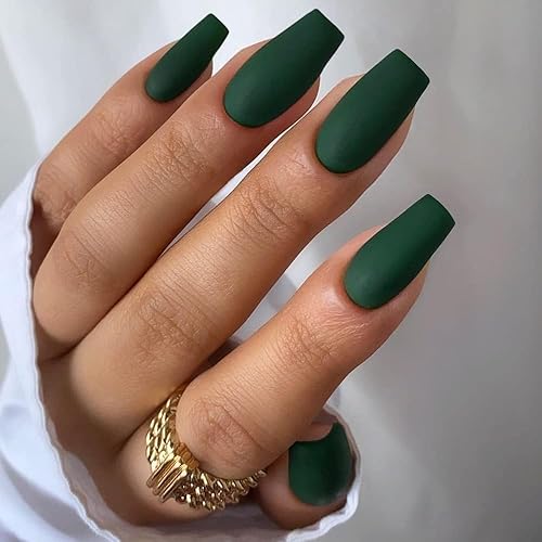 KQueenest Matte Dark Green Press on Nails Long Medium Square,