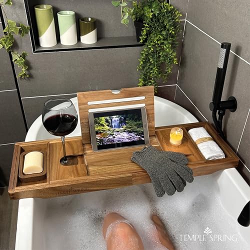 Temple Spring Akazie Badewannenablage, Badewannenablage Holz für badewannen zubehör, Badewannenbrett, Badewannentablett zur badewanne zubehör, badezimmermöbel für badaccessories, spa badewannentisch