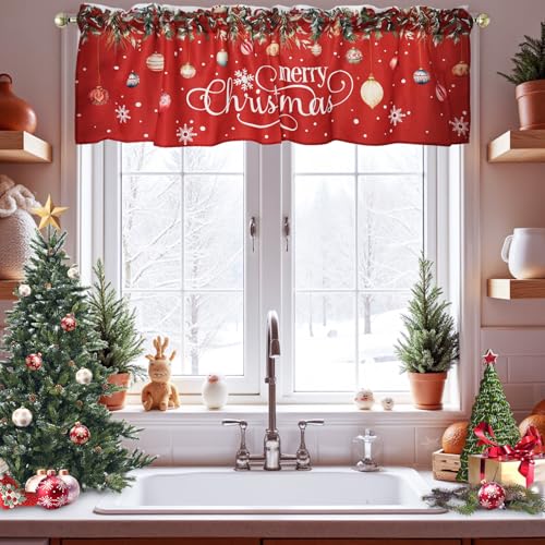 wefrea Christmas Valances for Kitchen Windows Xmas Coniferous Short Valance with Rod Pocket Pine Tree Twig Red Christmas Valance for Kitchen Bathroom Bedroom Living Room 54 x 18 inch