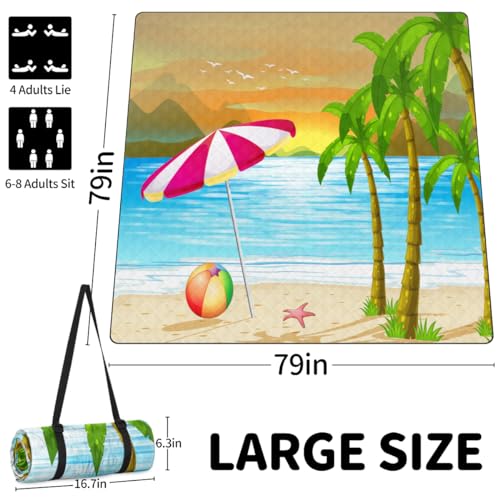 Shimoshe Extra Large Picnic Blankets 79”x 79”, Summer Beach Palm Tree Umbrella Waterproof Foldable Picnic Mat with Straps Portable Beach Blanket for Camping Park Grass Beach Indoor